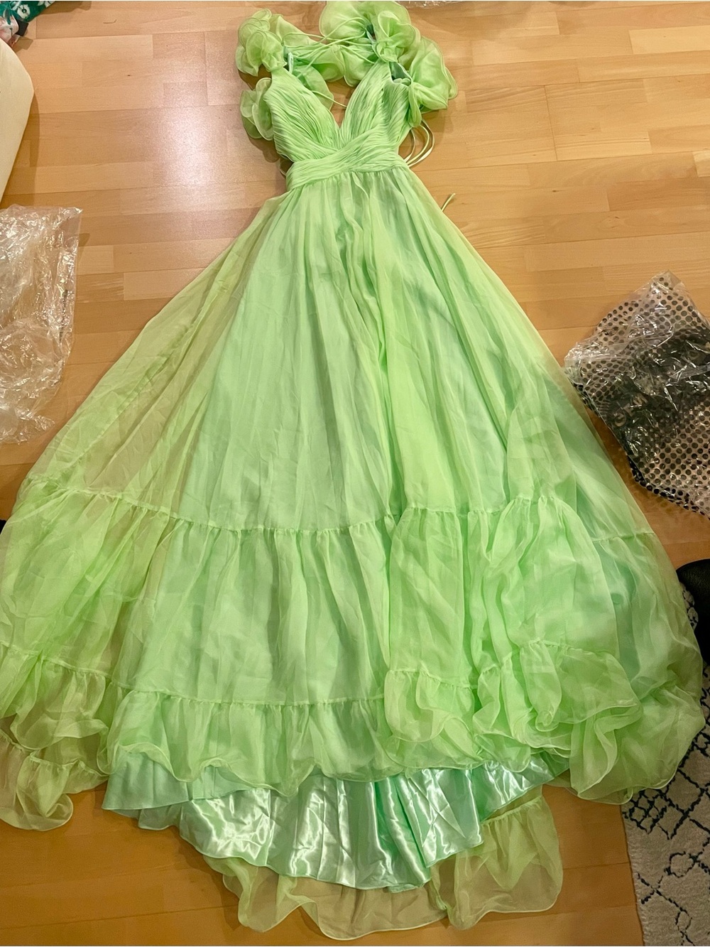 Mac Duggal Pastel Green Ruffle Sleeve Cutout Maxi Gown - Picture 8 of 8